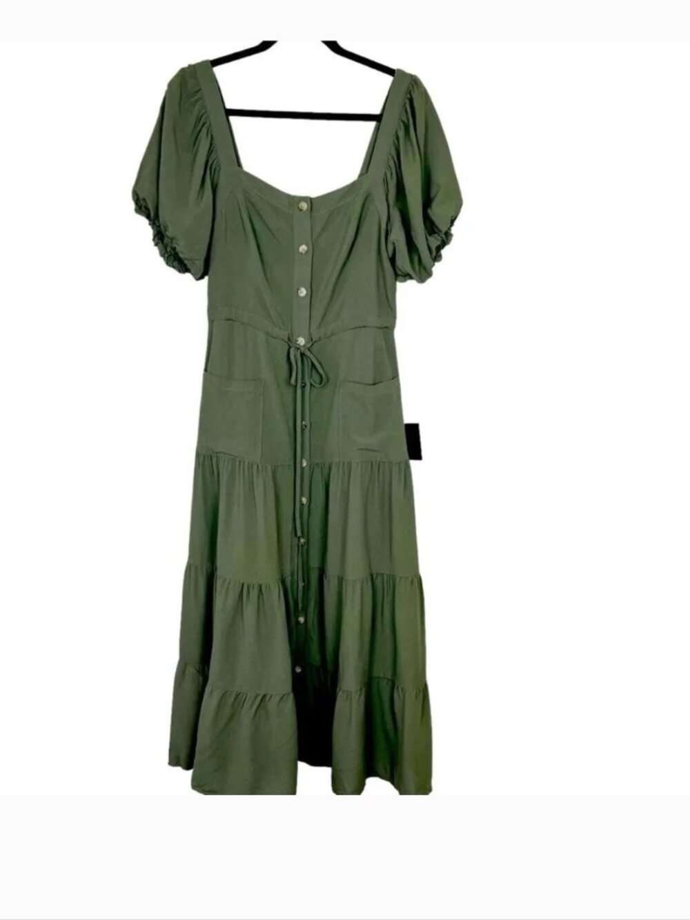 Lulus NEW Puff Sleeve Tiered Midi Dress Sz M Green Army Prairie Cottagecore - Picture 3 of 13
